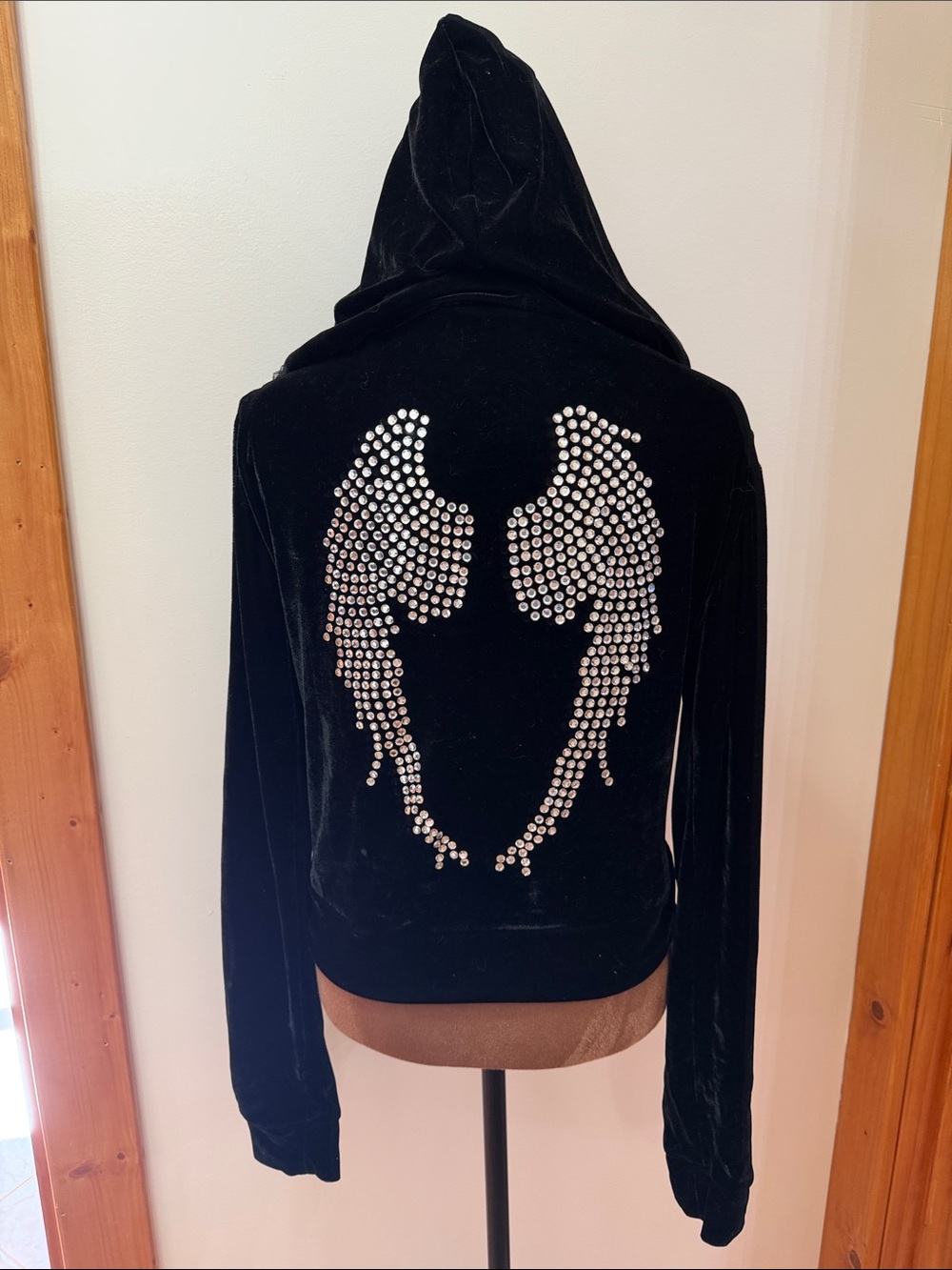 Black Velvet Hoodie Jacket with Rhinestone Angel Wings NWOT Size Small